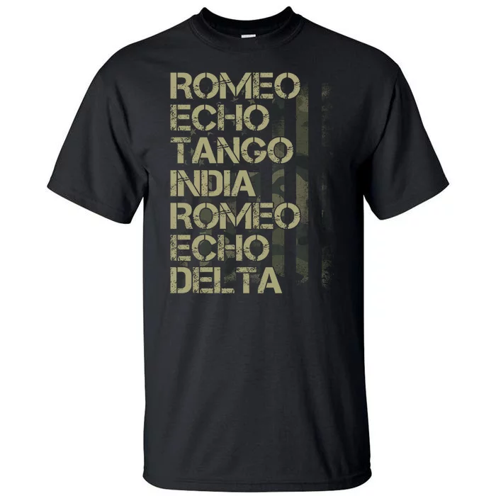 Romeo Echo Tango India Romeo Echo Delta American Flag Grunge Military Tall T-Shirt