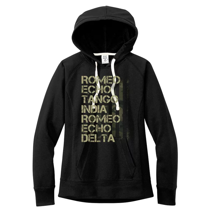 Romeo Echo Tango India Romeo Echo Delta American Flag Grunge Military Women's Fleece Hoodie