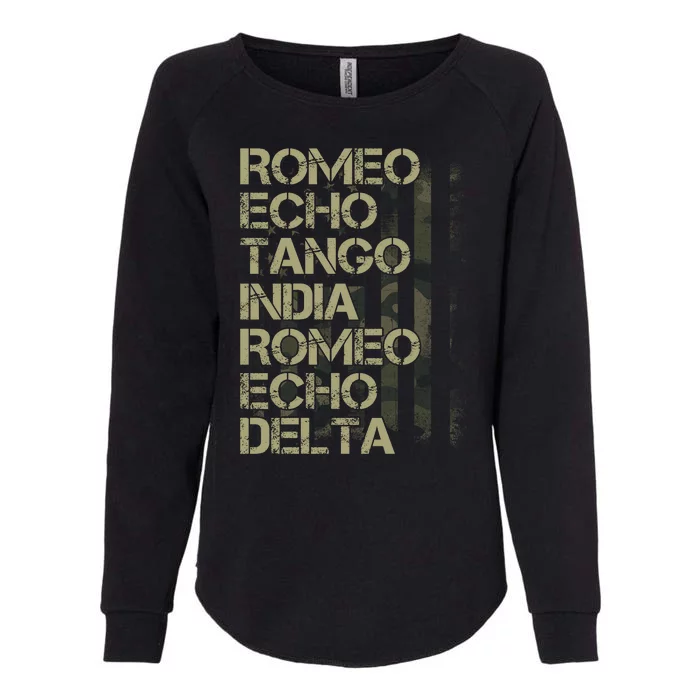 Romeo Echo Tango India Romeo Echo Delta American Flag Grunge Military Womens California Wash Sweatshirt