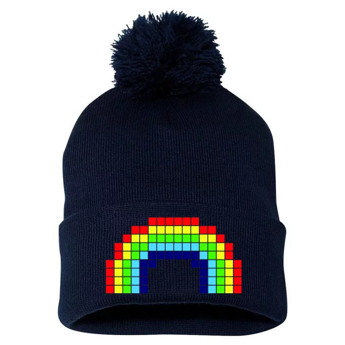 Retro 8 Bit Rainbow Pom Pom 12in Knit Beanie