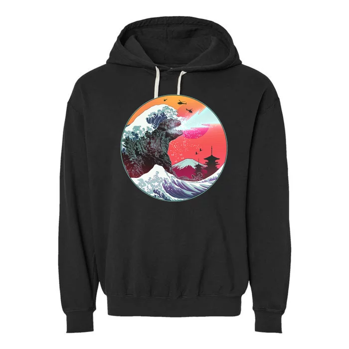 Retro 80's Godzilla Attack Wave Garment-Dyed Fleece Hoodie