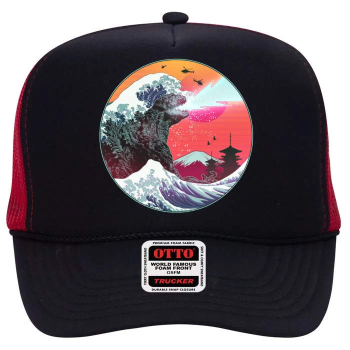 Retro 80's Godzilla Attack Wave High Crown Mesh Trucker Hat