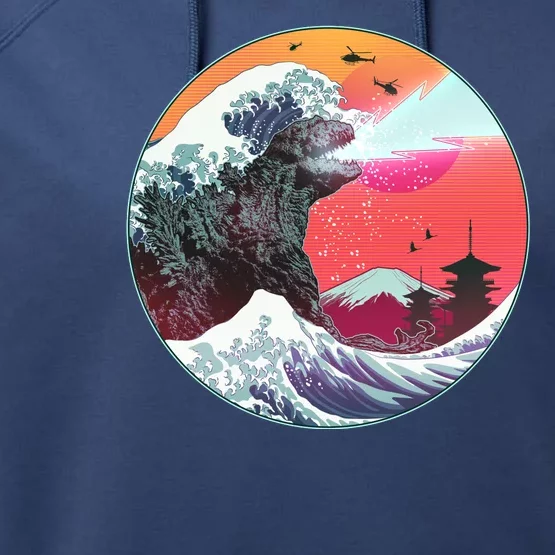 Retro 80's Godzilla Attack Wave Performance Fleece Hoodie