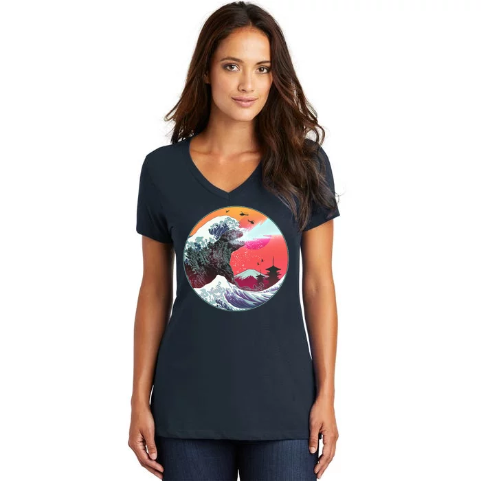 Retro 80's Godzilla Attack Wave Women's V-Neck T-Shirt