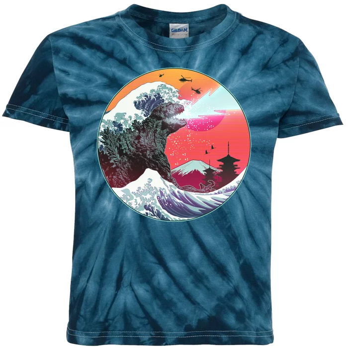 Retro 80's Godzilla Attack Wave Kids Tie-Dye T-Shirt