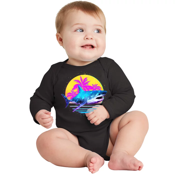 Retro 80s Polygon Shark Baby Long Sleeve Bodysuit