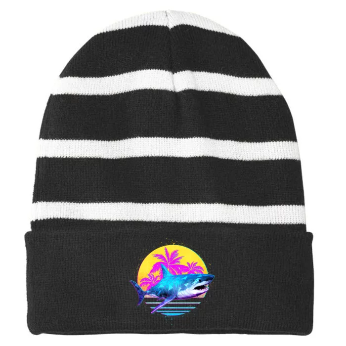 Retro 80s Polygon Shark Striped Beanie with Solid Band