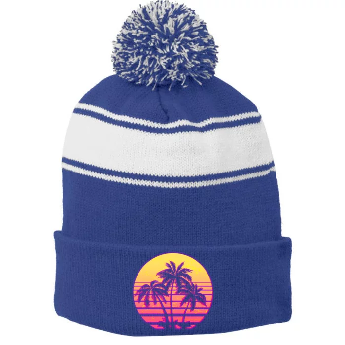 Retro 80's Sunset Palms Stripe Pom Pom Beanie