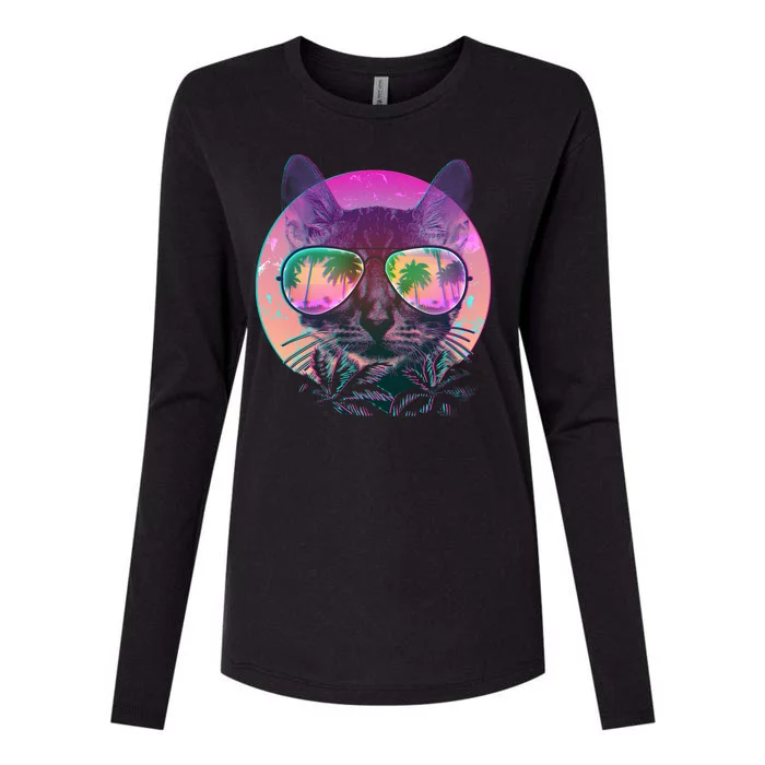 Retro 80s Tropical Cat Womens Cotton Relaxed Long Sleeve T-Shirt