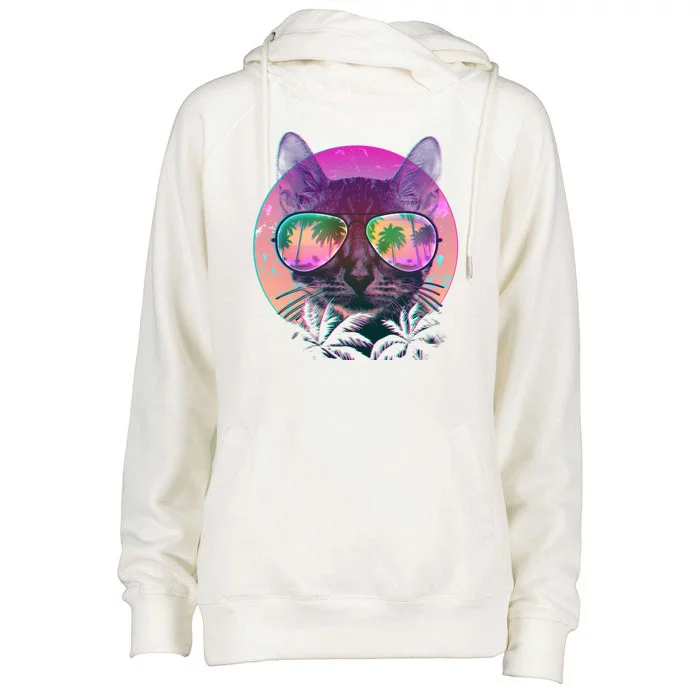 Retro 80s Tropical Cat Womens Funnel Neck Pullover Hood