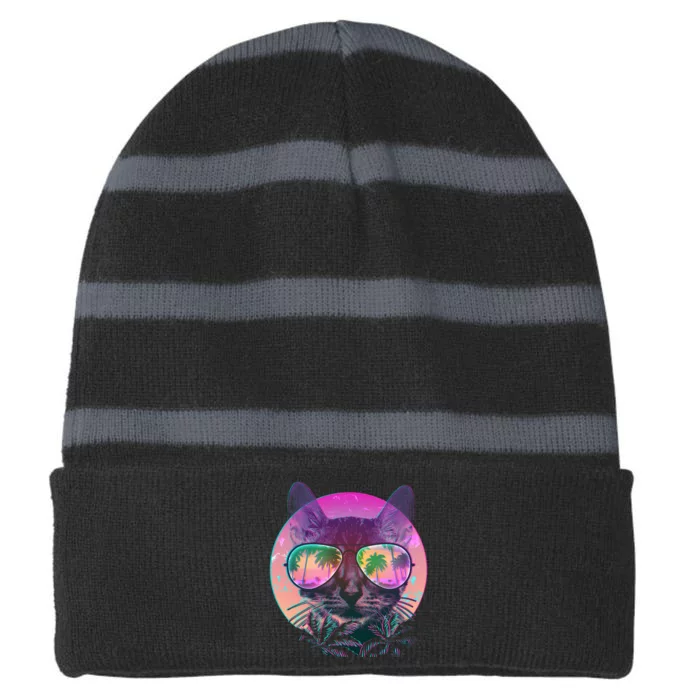 Retro 80s Tropical Cat Striped Beanie with Solid Band