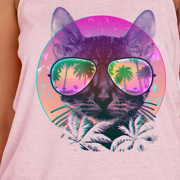 Retro 80s Tropical Cat Women's Knotted Racerback Tank