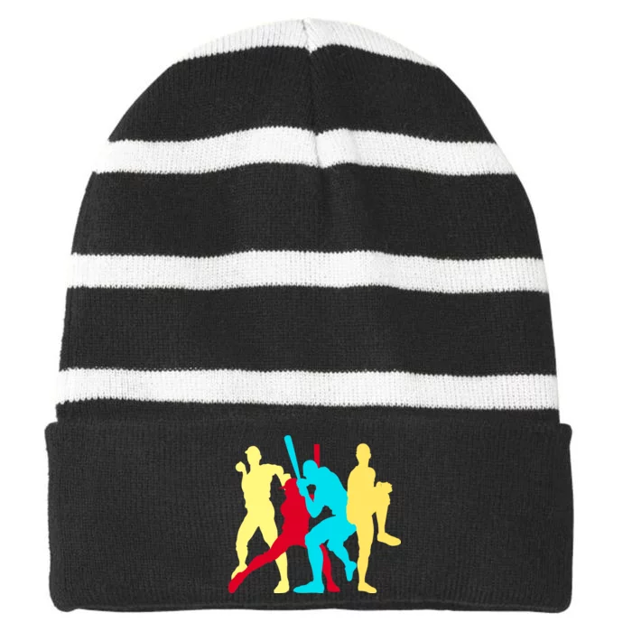 Retro Baseball Poses Striped Beanie with Solid Band