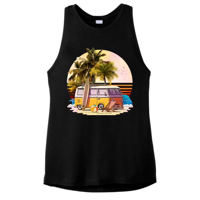 Retro Beach Hippie Van Ladies Tri-Blend Wicking Tank