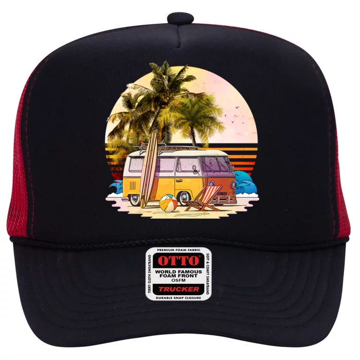 Retro Beach Hippie Van High Crown Mesh Trucker Hat