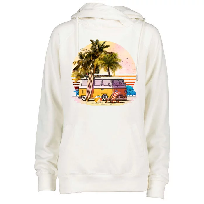 Retro Beach Hippie Van Womens Funnel Neck Pullover Hood