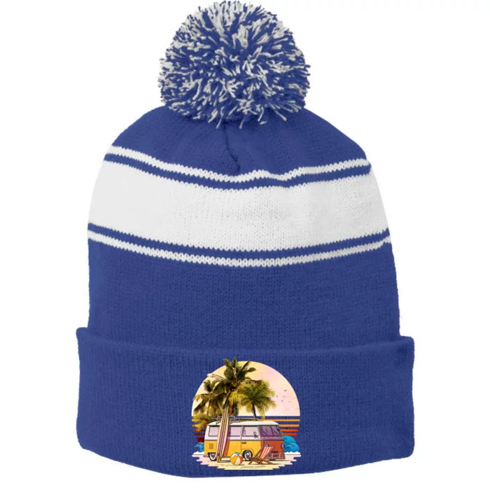 Retro Beach Hippie Van Stripe Pom Pom Beanie