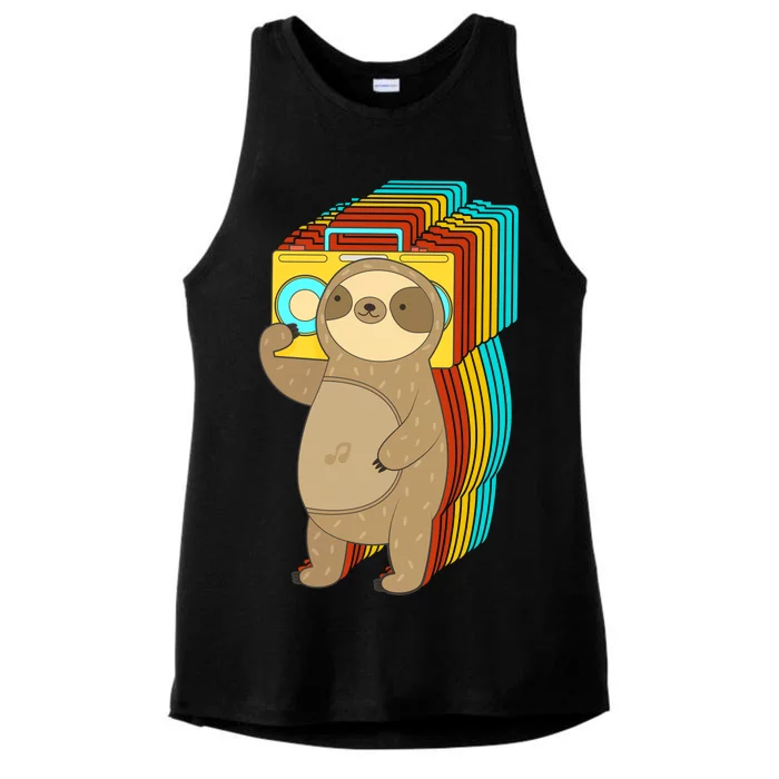 Retro Boombox Sloth Ladies Tri-Blend Wicking Tank