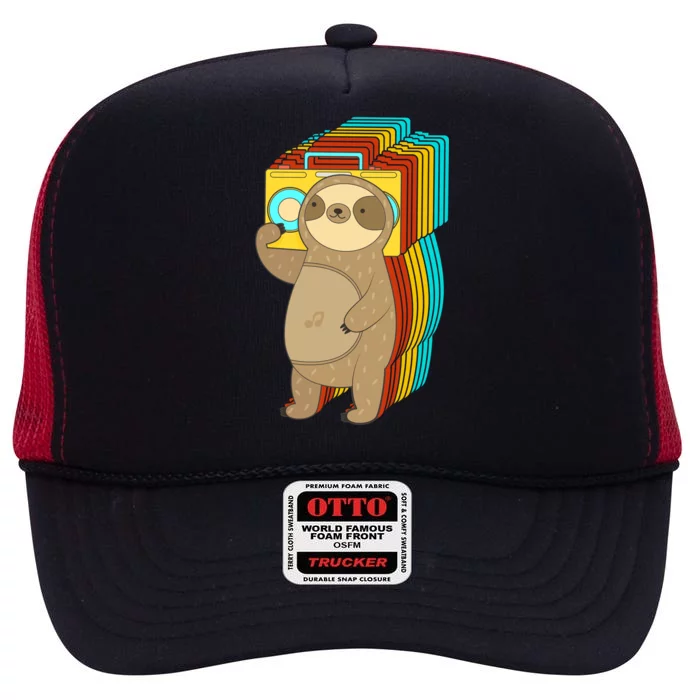 Retro Boombox Sloth High Crown Mesh Trucker Hat