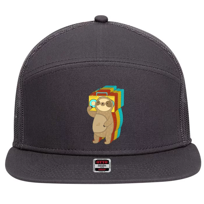 Retro Boombox Sloth 7 Panel Mesh Trucker Snapback Hat