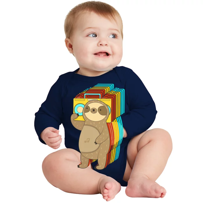 Retro Boombox Sloth Baby Long Sleeve Bodysuit