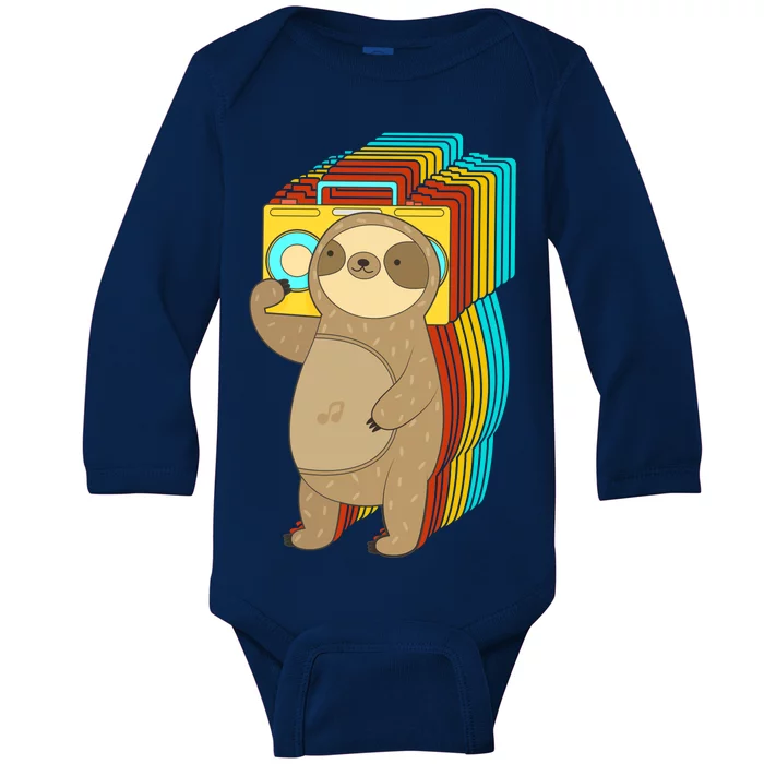 Retro Boombox Sloth Baby Long Sleeve Bodysuit