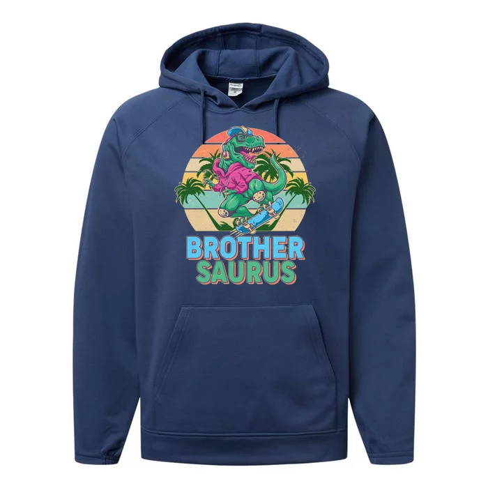 Retro Brother Saurus T-Rex Dinosaur Performance Fleece Hoodie