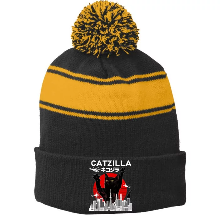 Retro Catzilla Attack Stripe Pom Pom Beanie