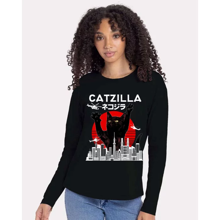 Retro Catzilla Attack Womens Cotton Relaxed Long Sleeve T-Shirt