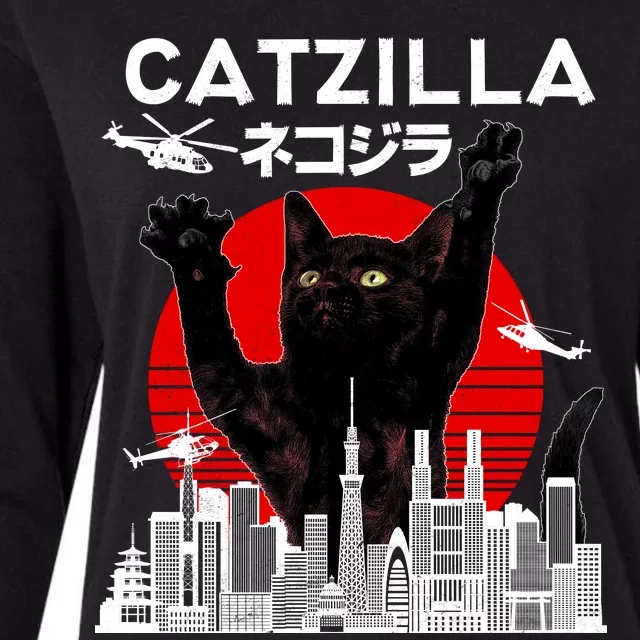 Retro Catzilla Attack Womens Cotton Relaxed Long Sleeve T-Shirt