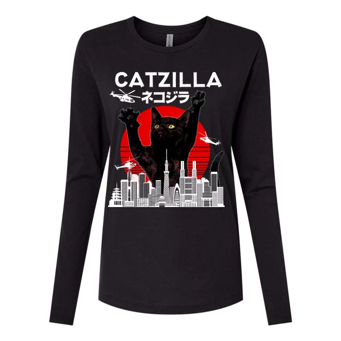 Retro Catzilla Attack Womens Cotton Relaxed Long Sleeve T-Shirt