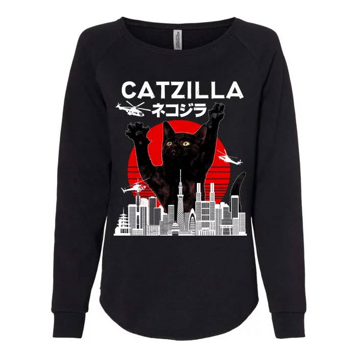 Retro Catzilla Attack Womens California Wash Sweatshirt