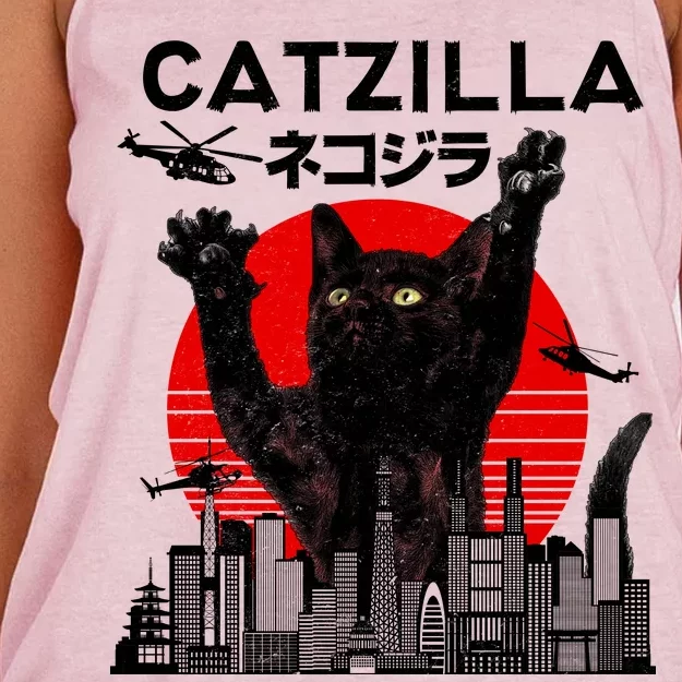 Retro Catzilla Attack Women's Knotted Racerback Tank