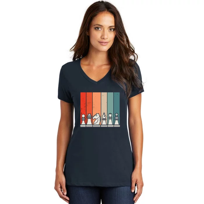 Retro Chess Pieces Women's V-Neck T-Shirt