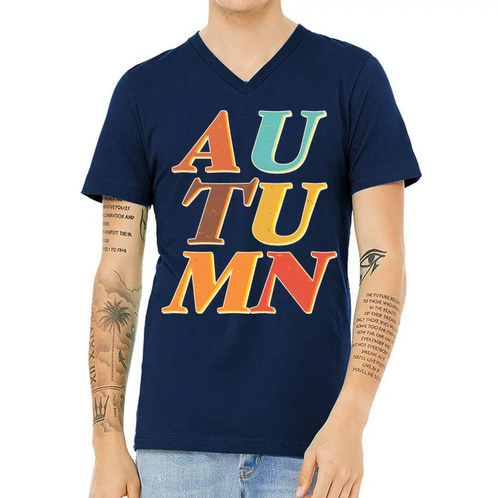 Retro Colors Autumn Letters V-Neck T-Shirt