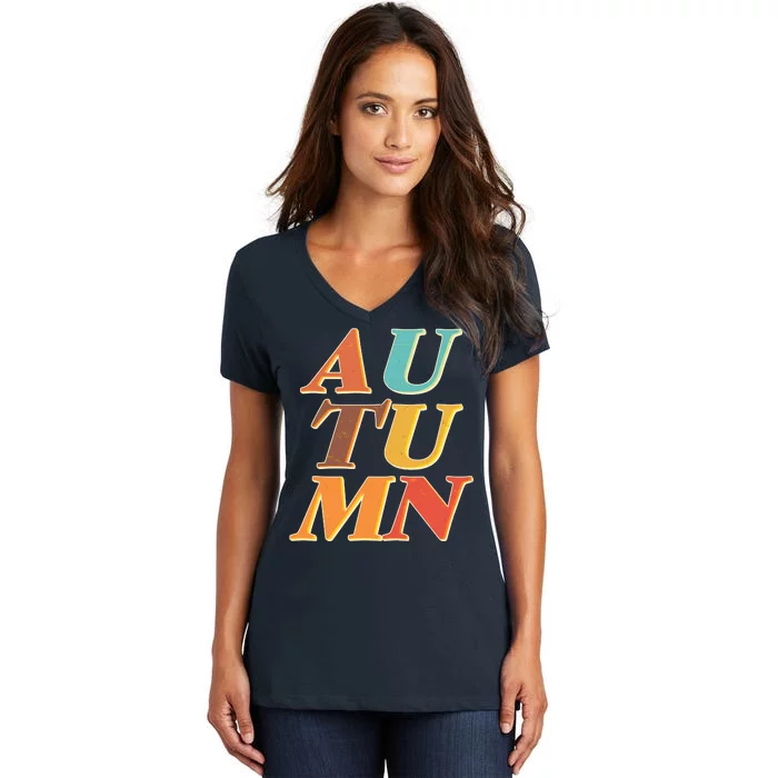 Retro Colors Autumn Letters Women's V-Neck T-Shirt