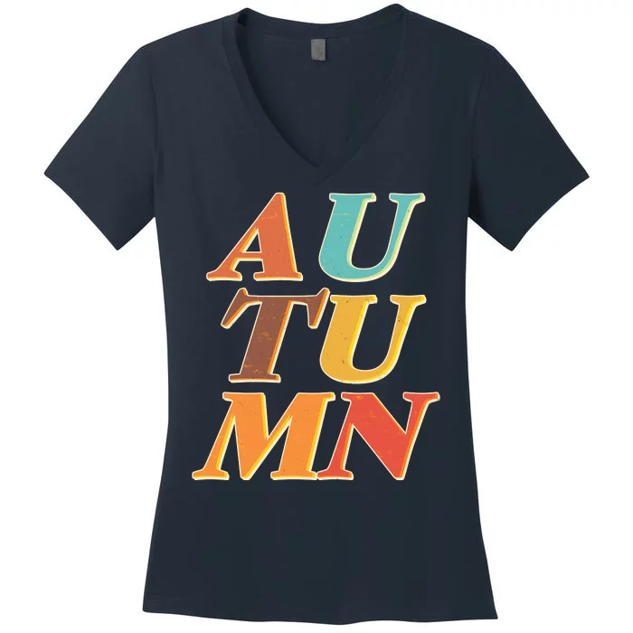 Retro Colors Autumn Letters Women's V-Neck T-Shirt