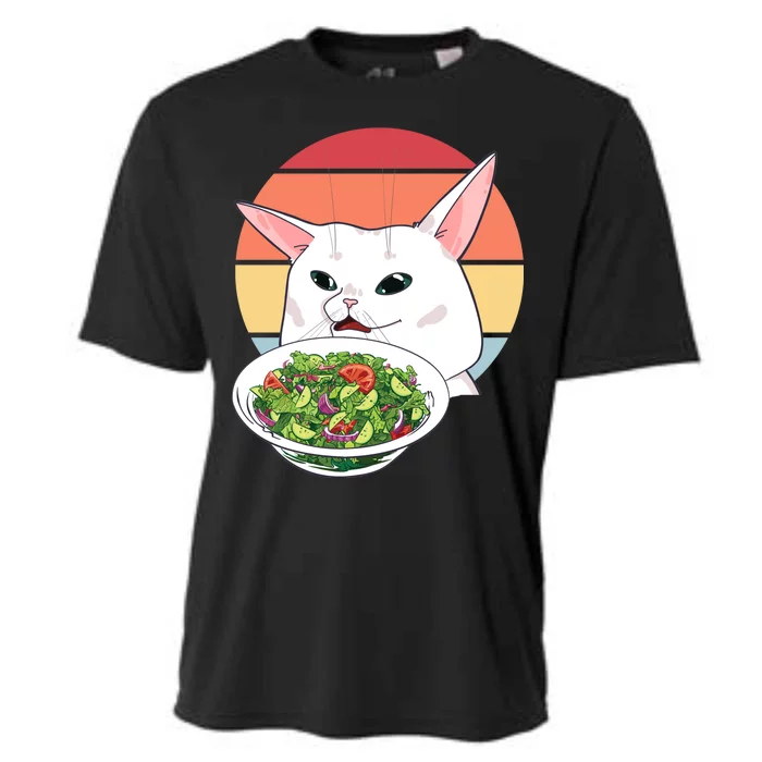 Retro Confused Cat At Dinner Table Meme Cooling Performance Crew T-Shirt