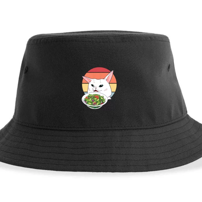 Retro Confused Cat At Dinner Table Meme Sustainable Bucket Hat