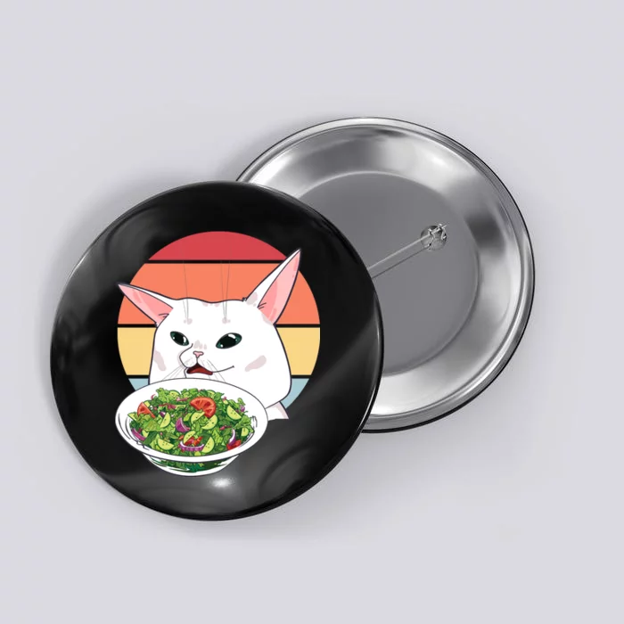 Retro Confused Cat At Dinner Table Meme Button