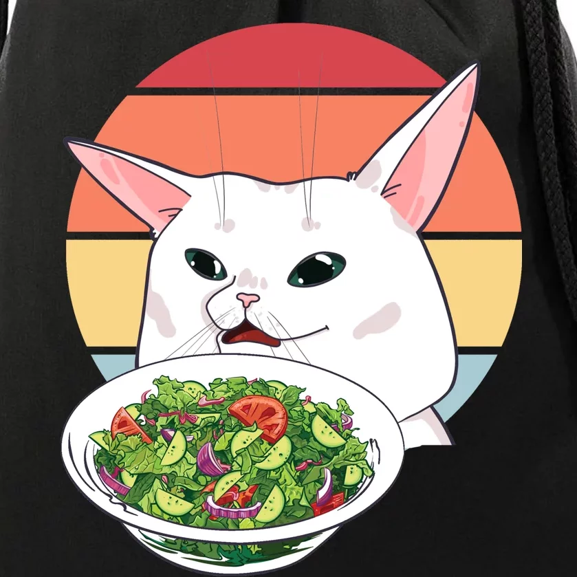 Retro Confused Cat At Dinner Table Meme Drawstring Bag