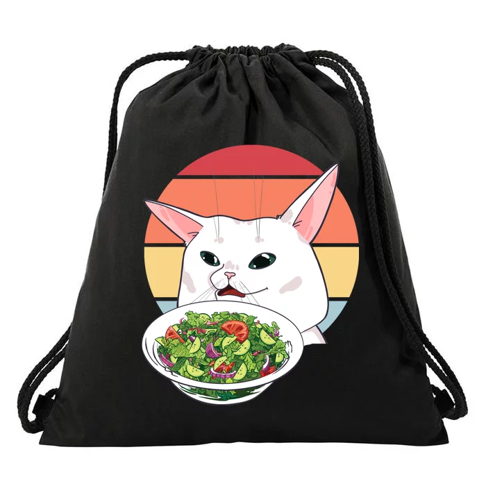 Retro Confused Cat At Dinner Table Meme Drawstring Bag