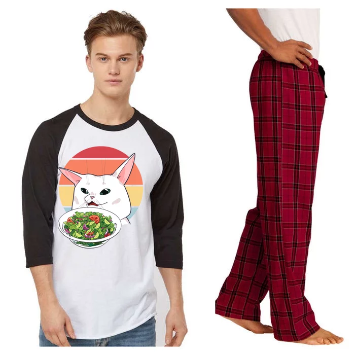 Retro Confused Cat At Dinner Table Meme Raglan Sleeve Pajama Set