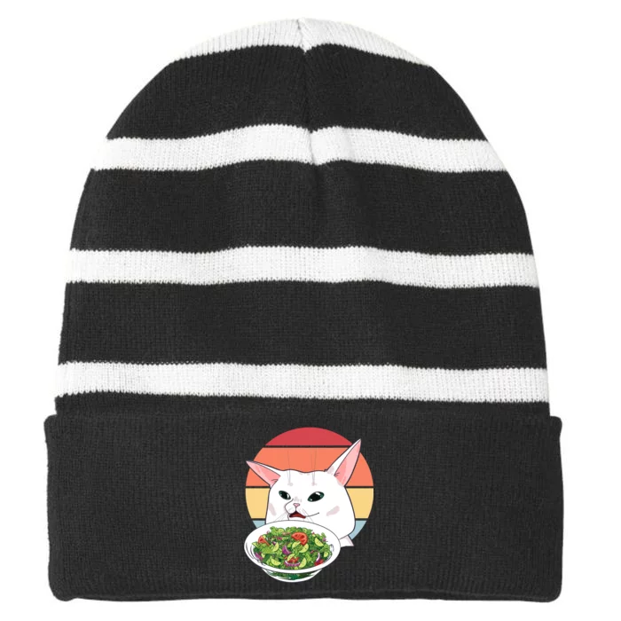 Retro Confused Cat At Dinner Table Meme Striped Beanie with Solid Band