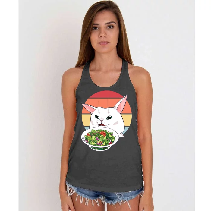 Retro Confused Cat At Dinner Table Meme Women's Knotted Racerback Tank