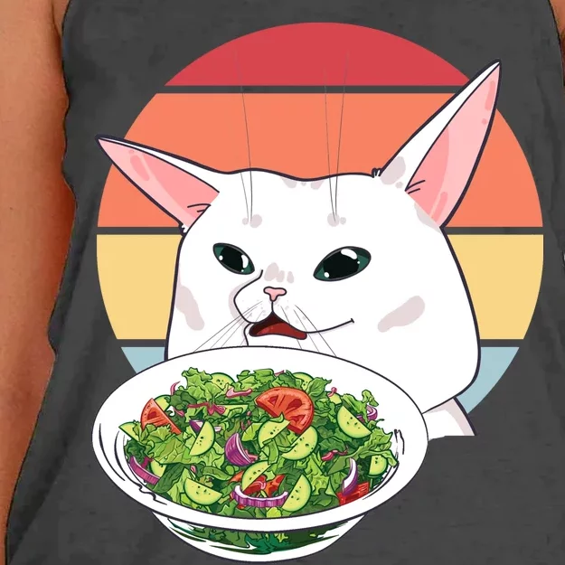 Retro Confused Cat At Dinner Table Meme Women's Knotted Racerback Tank