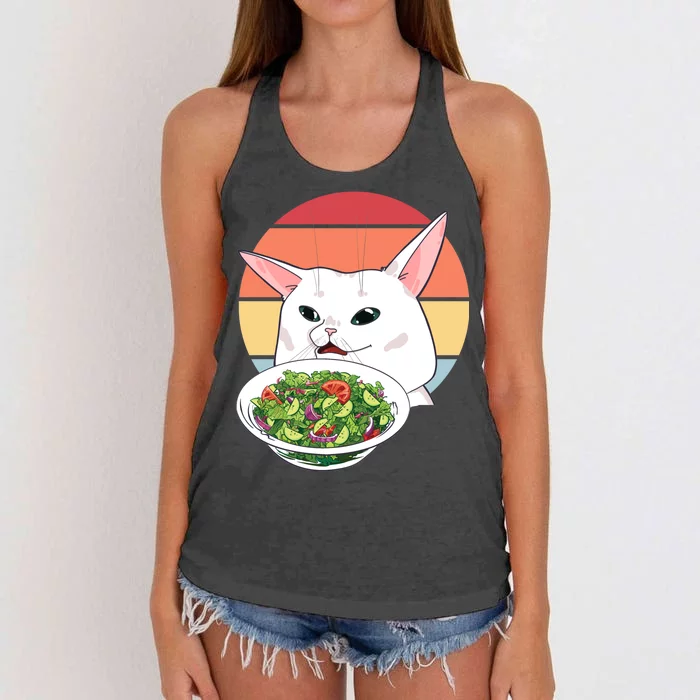 Retro Confused Cat At Dinner Table Meme Women's Knotted Racerback Tank