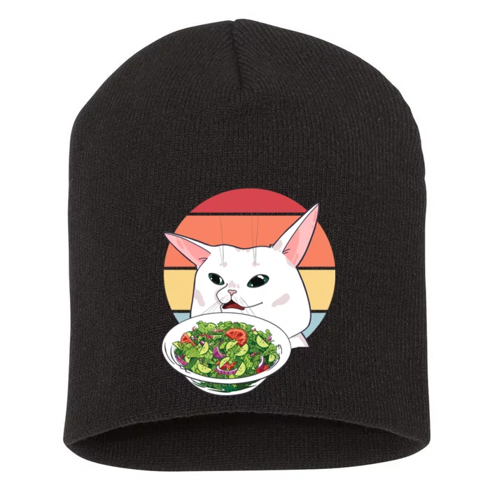 Retro Confused Cat At Dinner Table Meme Short Acrylic Beanie