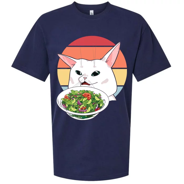 Retro Confused Cat At Dinner Table Meme Sueded Cloud Jersey T-Shirt