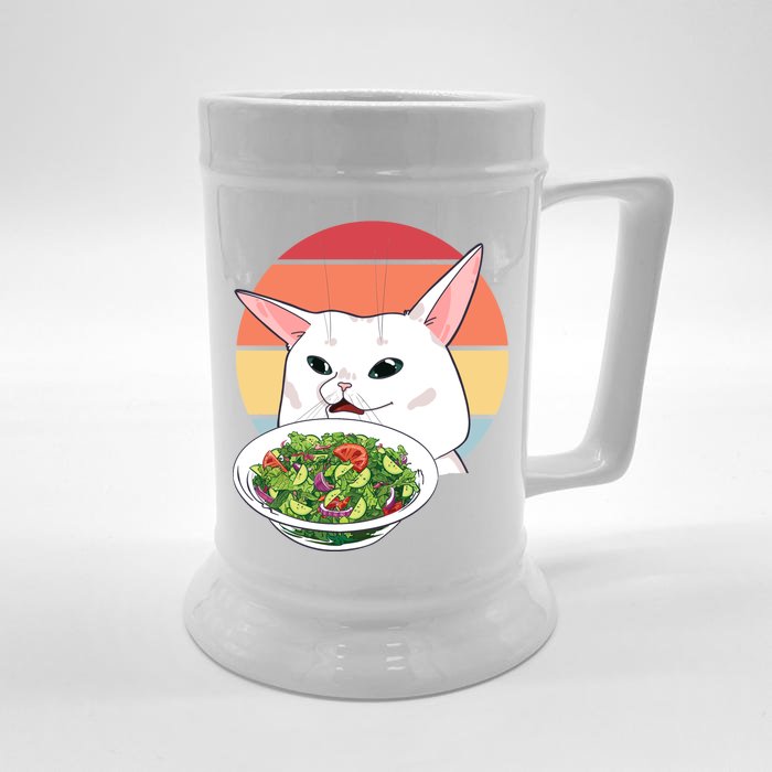 Retro Confused Cat At Dinner Table Meme Front & Back Beer Stein